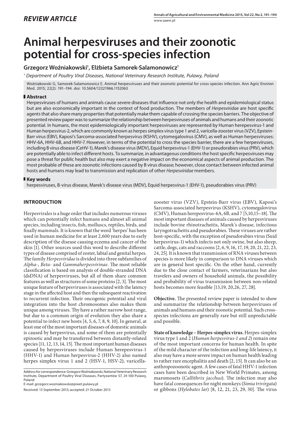 Animal Herpesviruses and Their Zoonotic Potential for Cross-Species