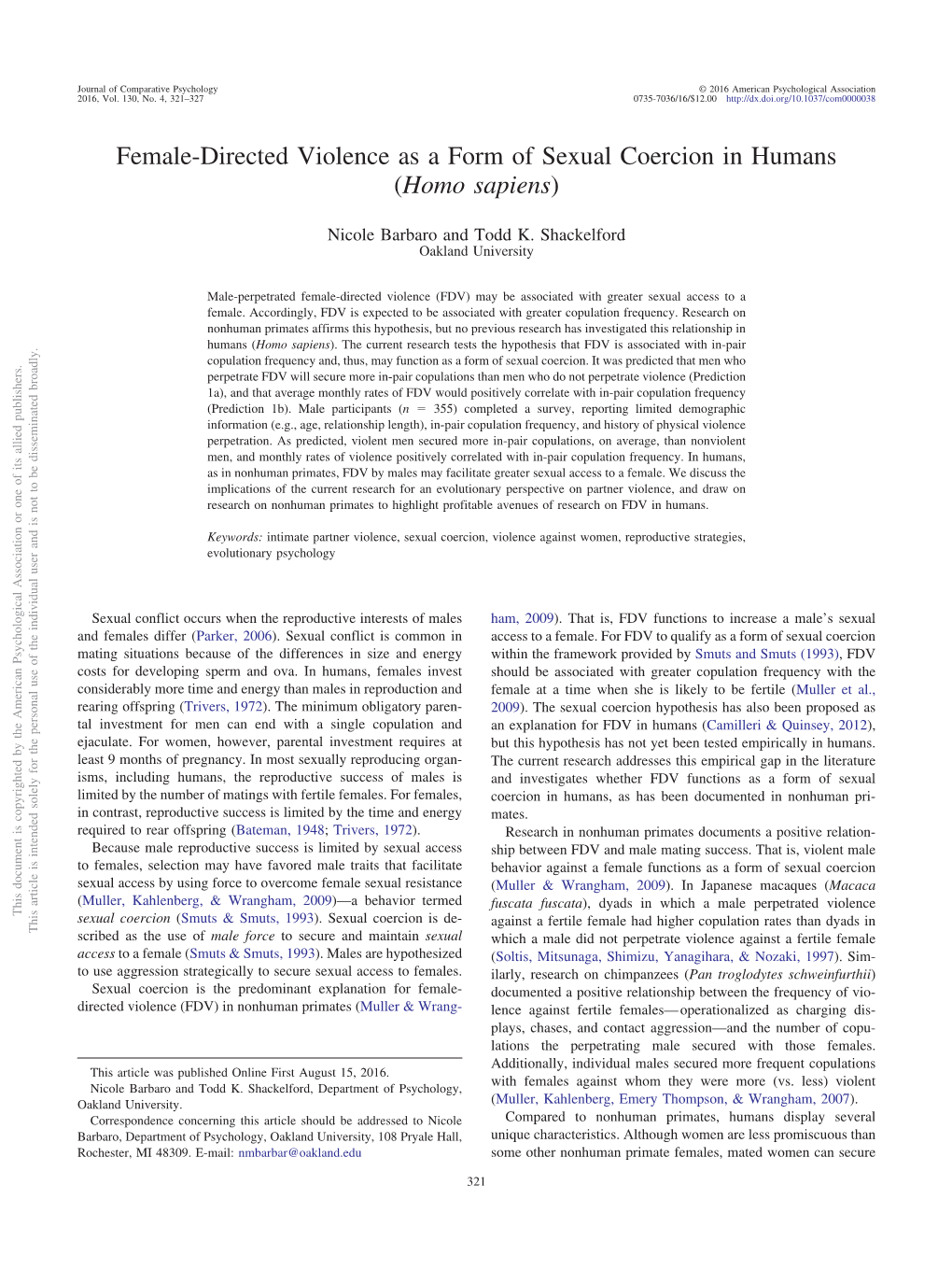 Female-Directed Violence As a Form of Sexual Coercion in Humans (Homo Sapiens)