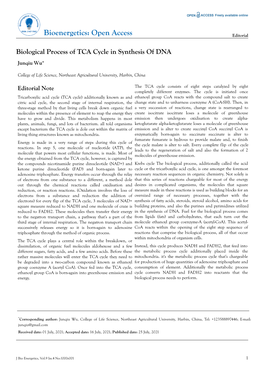 Biological Process of TCA Cycle in Synthesis of DNA Junqiu Wu*