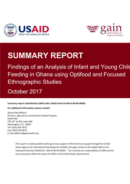 SUMMARY REPORT Findings of an Analysis of Infant and Young Child Feeding in Ghana Using Optifood and Focused Ethnographic Studies October 2017