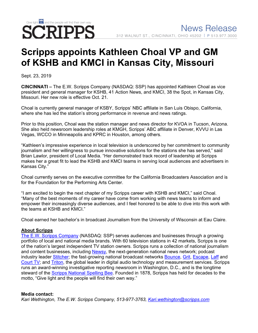 Scripps Appoints Kathleen Choal VP and GM of KSHB and KMCI in Kansas City, Missouri