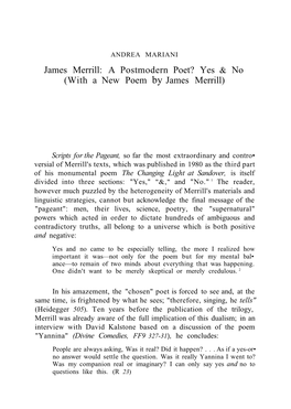 James Merrill: a Postmodern Poet? Yes & No (With a New Poem by James Merrill)