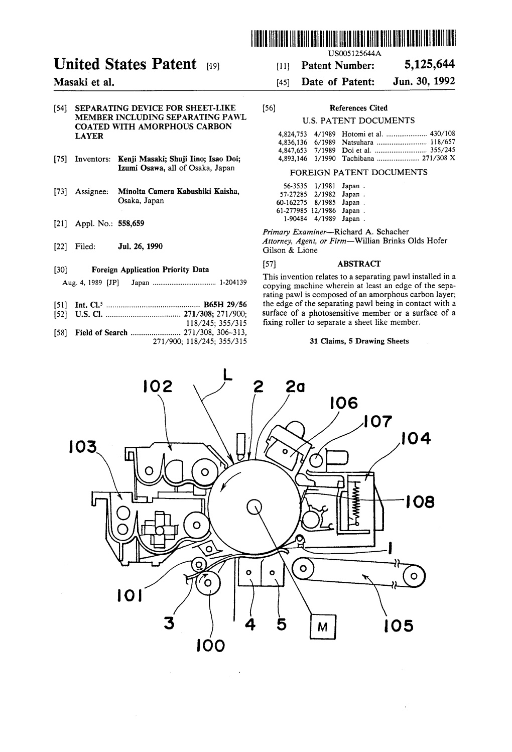 |||||||||||||III USOO525644A United States Patent (19) 11 Patent Number: 5,125,644 Masaki Et Al