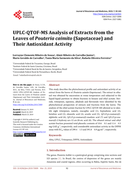 UPLC-QTOF-MS Analysis of Extracts from the Leaves of Pouteria Caimito (Sapotaceae) and Their Antioxidant Activity