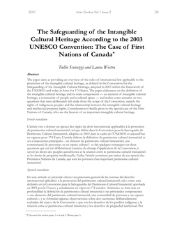 The Safeguarding of the Intangible Cultural Heritage According to the 2003 UNESCO Convention: the Case of First Nations of Canada*