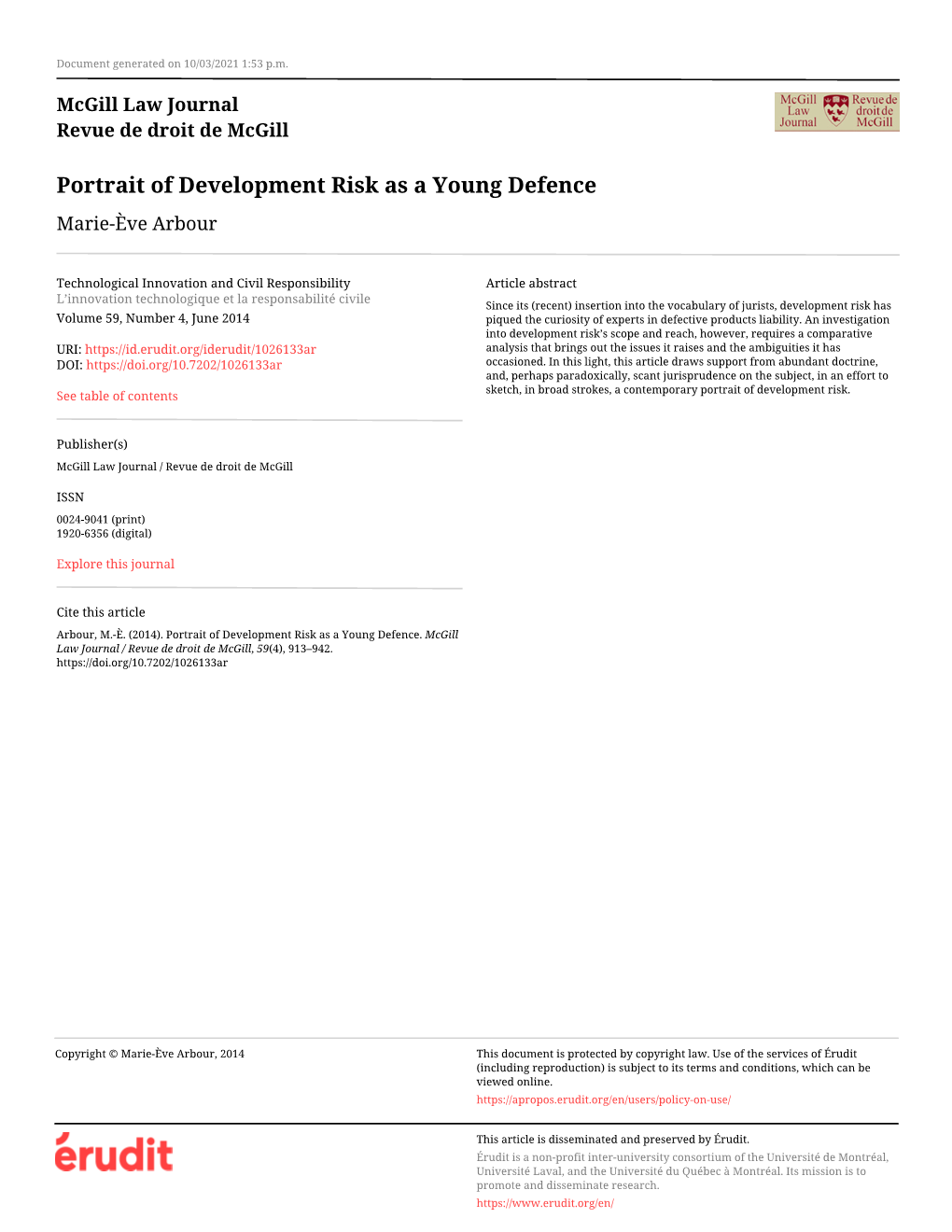 Portrait of Development Risk As a Young Defence Marie-Ève Arbour