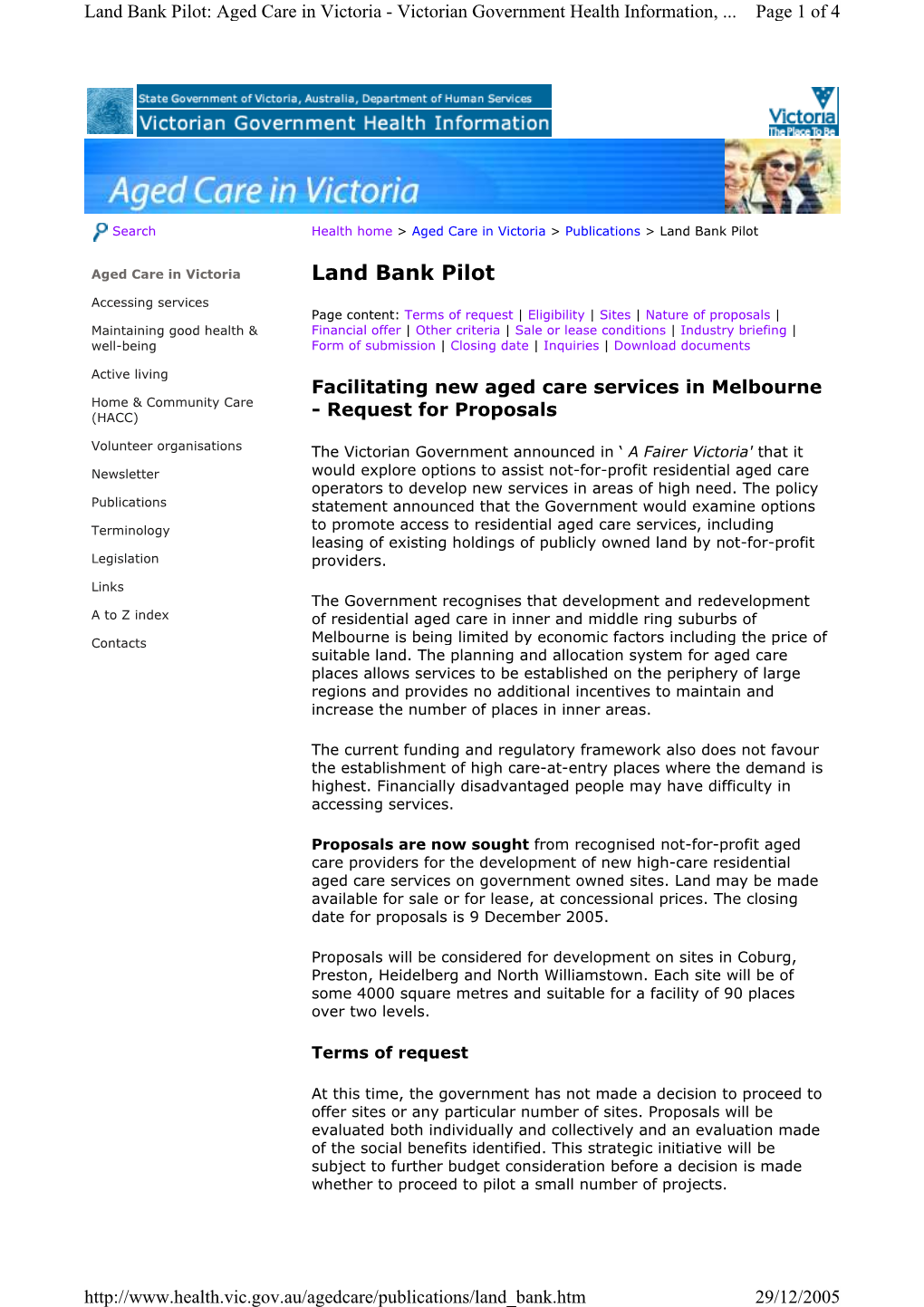 Land Bank Pilot: Aged Care in Victoria - Victorian Government Health Information,