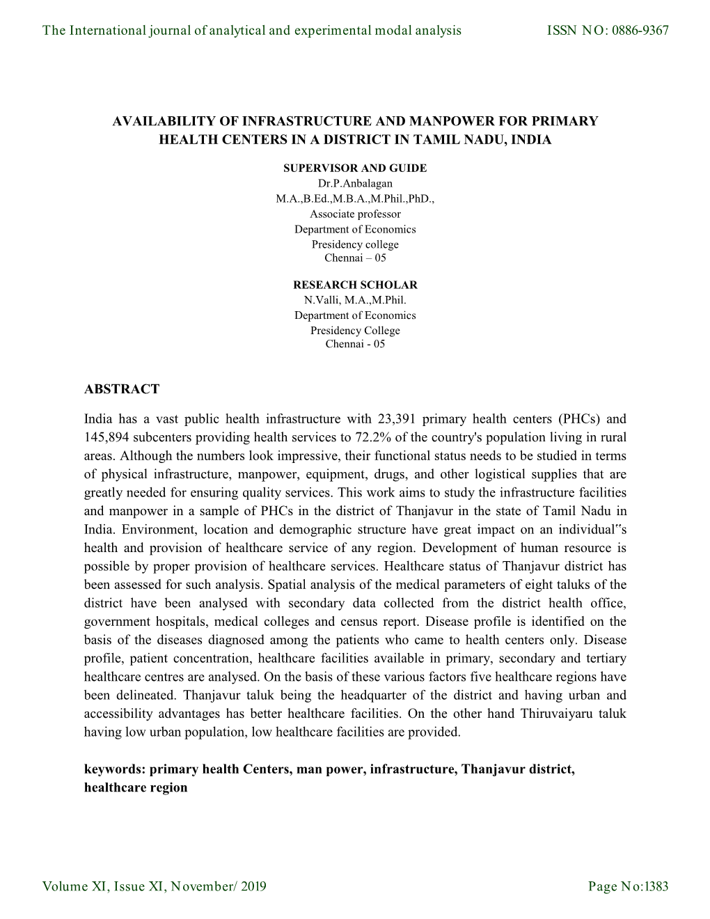 Availability of Infrastructure and Manpower for Primary Health Centers in a District in Tamil Nadu, India