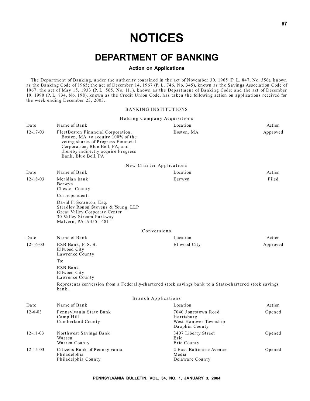 NOTICES DEPARTMENT of BANKING Action on Applications