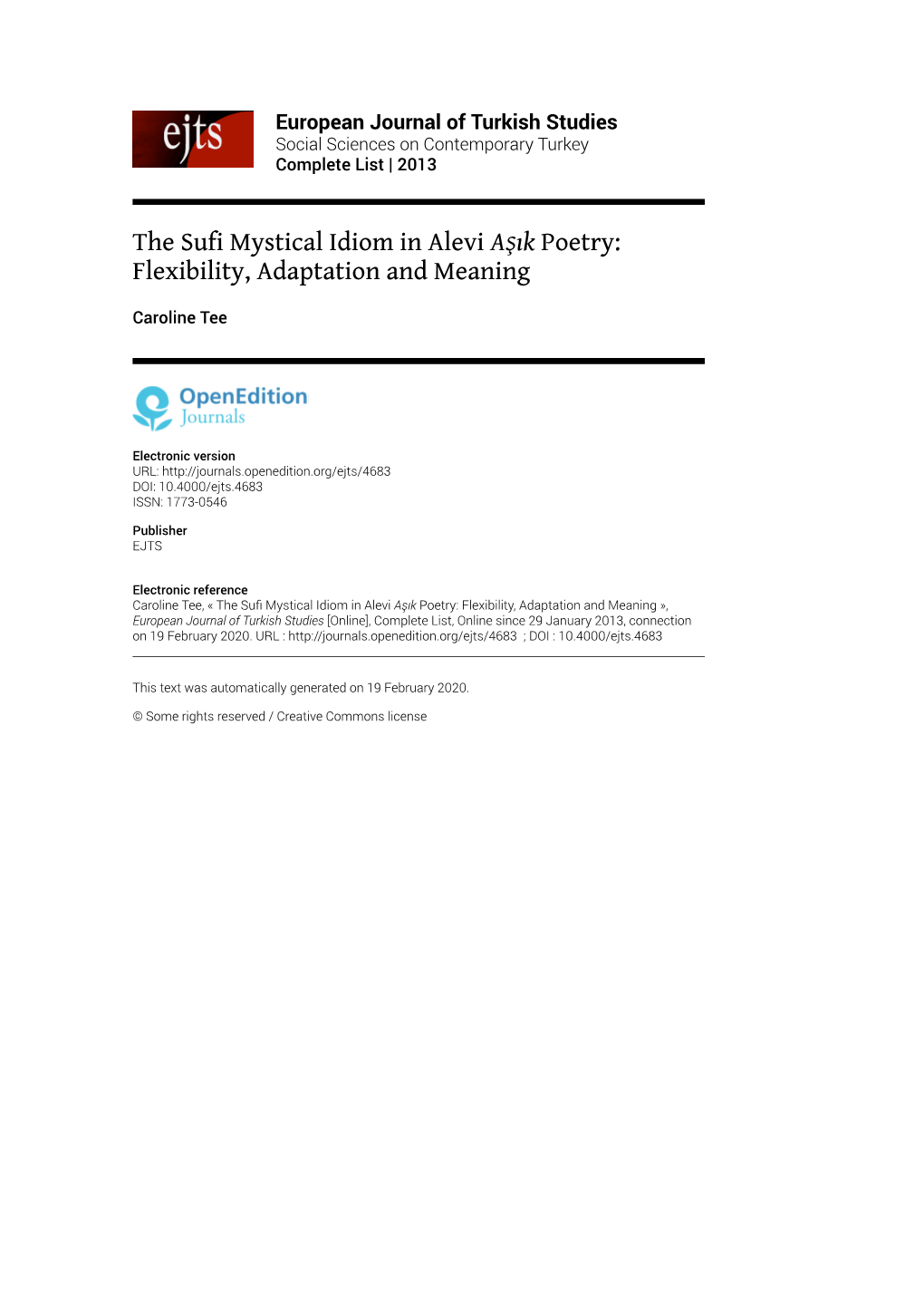 European Journal of Turkish Studies , Complete List the Sufi Mystical Idiom in Alevi Aşık Poetry: Flexibility, Adaptation and Mea