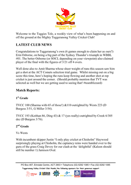 LATEST CLUB NEWS Match Reports