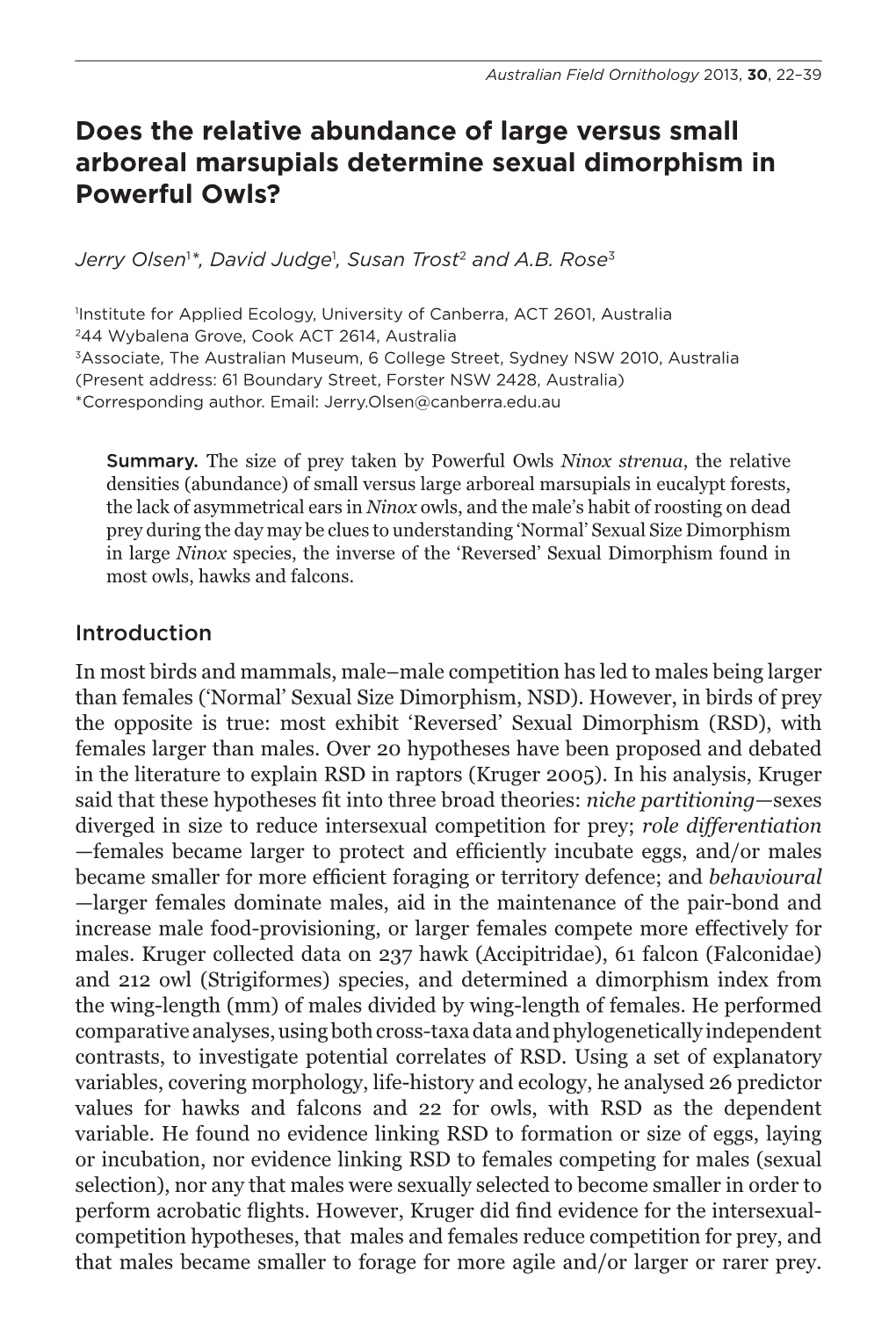 Does the Relative Abundance of Large Versus Small Arboreal Marsupials Determine Sexual Dimorphism in Powerful Owls?