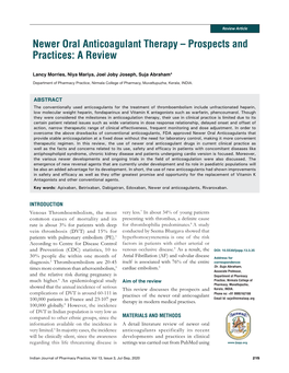 Newer Oral Anticoagulant Therapy – Prospects and Practices: a Review