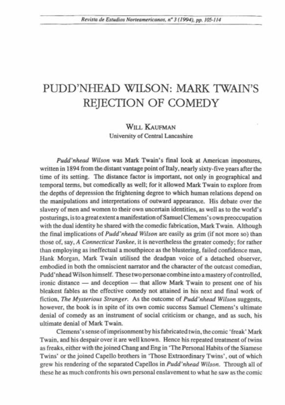 Pudd'nhead Wilson: Mark Twain's Rejection of Comedy