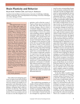 Brain Plasticity and Behavior in the Functions Mediated by Those Bryan Kolb,1 Robbin Gibb, and Terry E