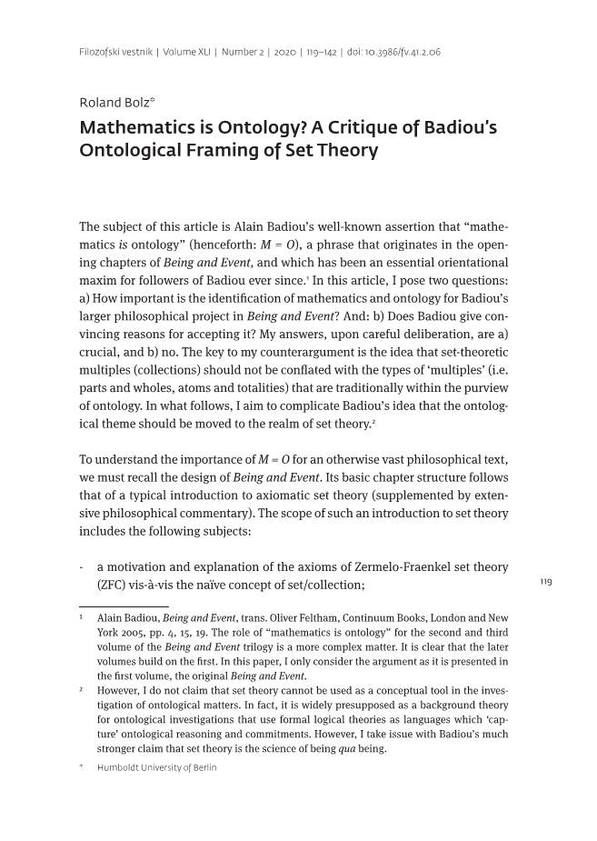 Mathematics Is Ontology? a Critique of Badiou’S Ontological Framing of Set Theory