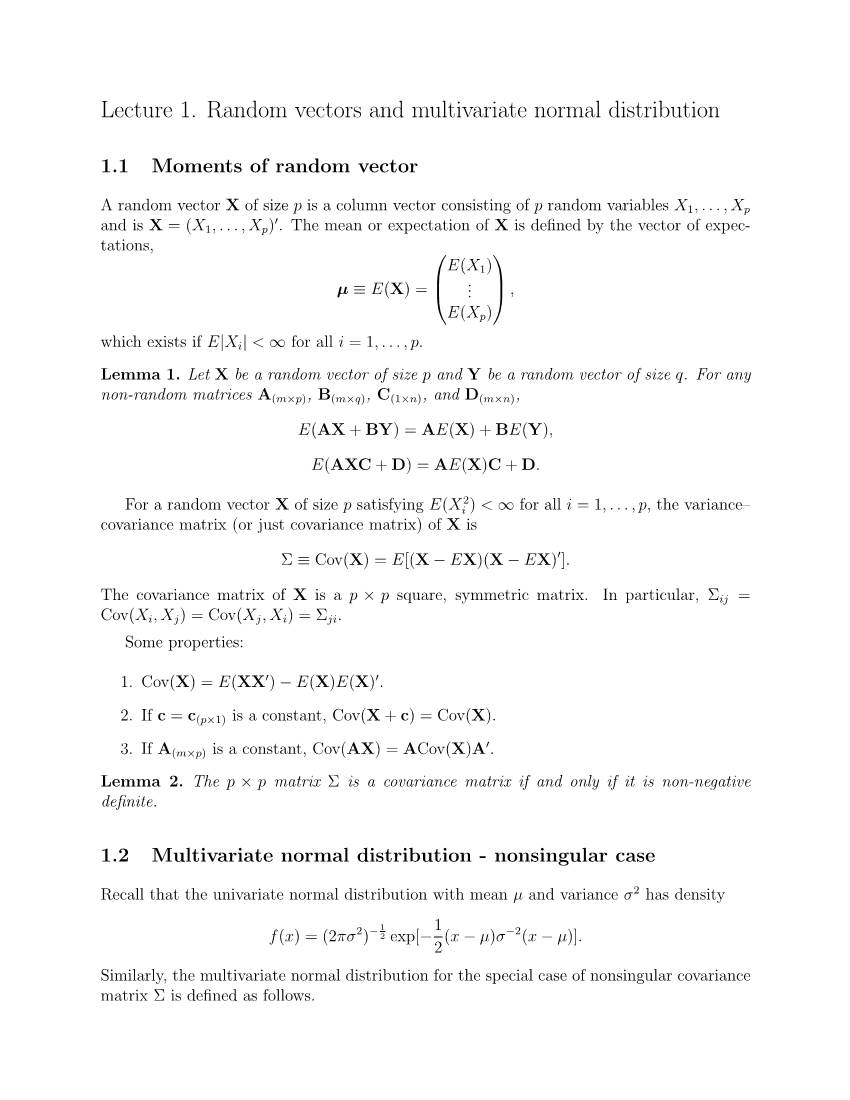 Lecture 1. Random Vectors and Multivariate Normal Distribution