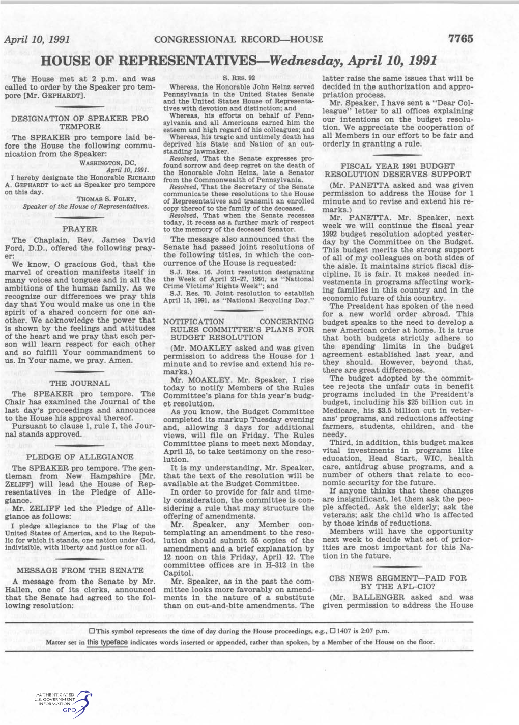 HOUSE of REPRESENTATIVES-Wednesday, Aprillo, 1991 the House Met at 2 P.M