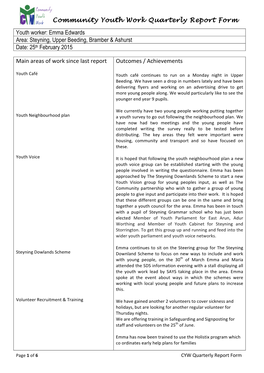 Community Youth Work Quarterly Report Form Youth Worker: Emma Edwards Area: Steyning, Upper Beeding, Bramber & Ashurst Date: 25Th February 2015