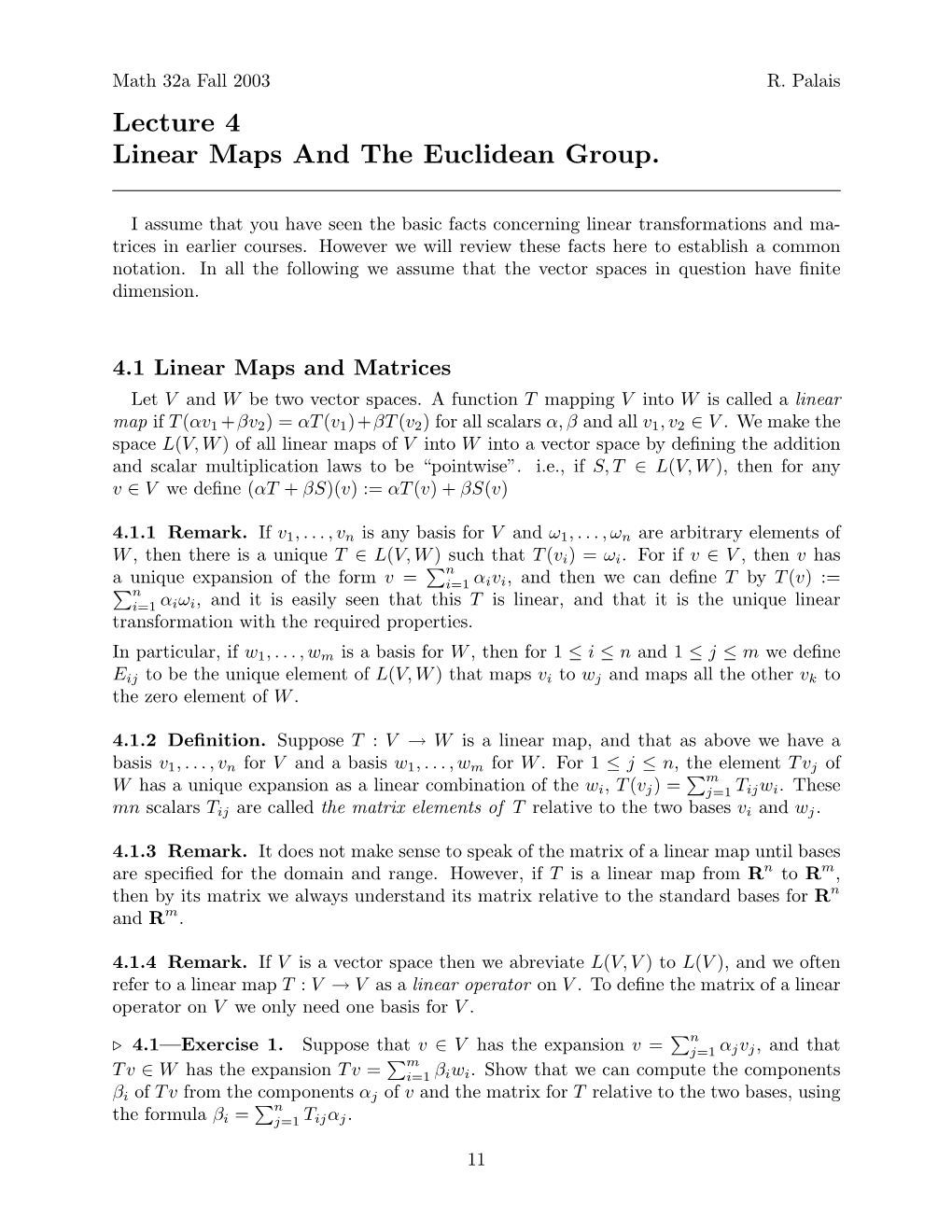 Lecture 4 Linear Maps and the Euclidean Group