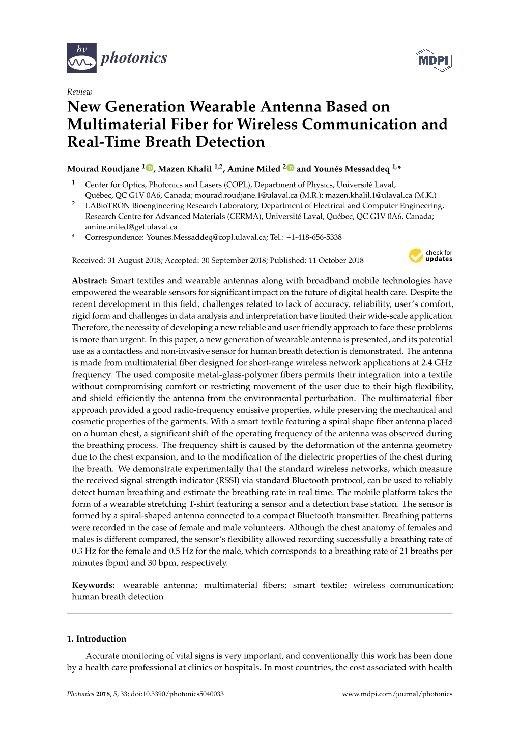 New Generation Wearable Antenna Based on Multimaterial Fiber for Wireless Communication and Real-Time Breath Detection