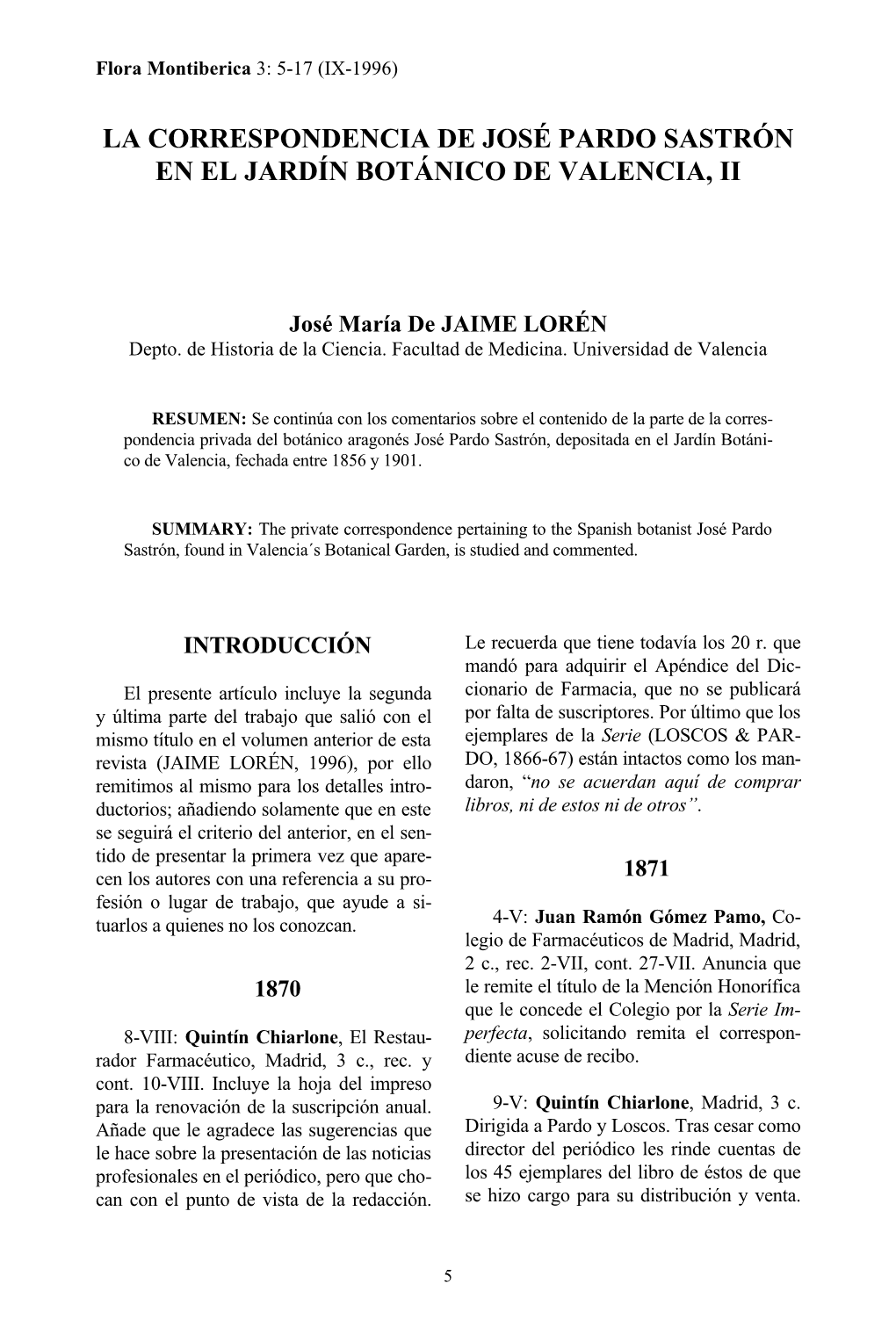 La Correspondencia De José Pardo Sastrón En El Jardín Botánico De Valencia, Ii