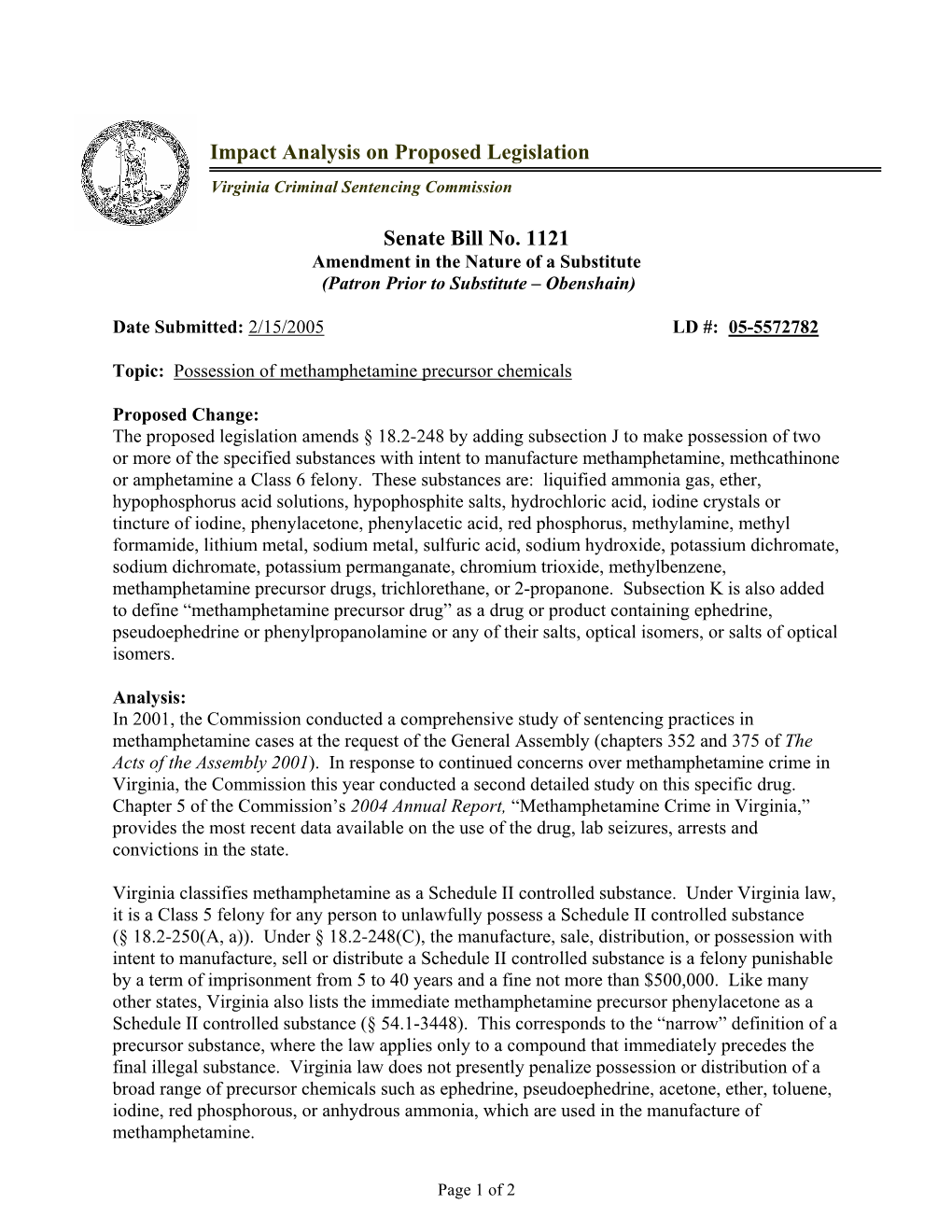 Impact Analysis on Proposed Legislation Senate Bill No. 1121