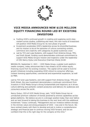 Vice Media Announces New $135 Million Equity Financing Round Led by Existing Investors