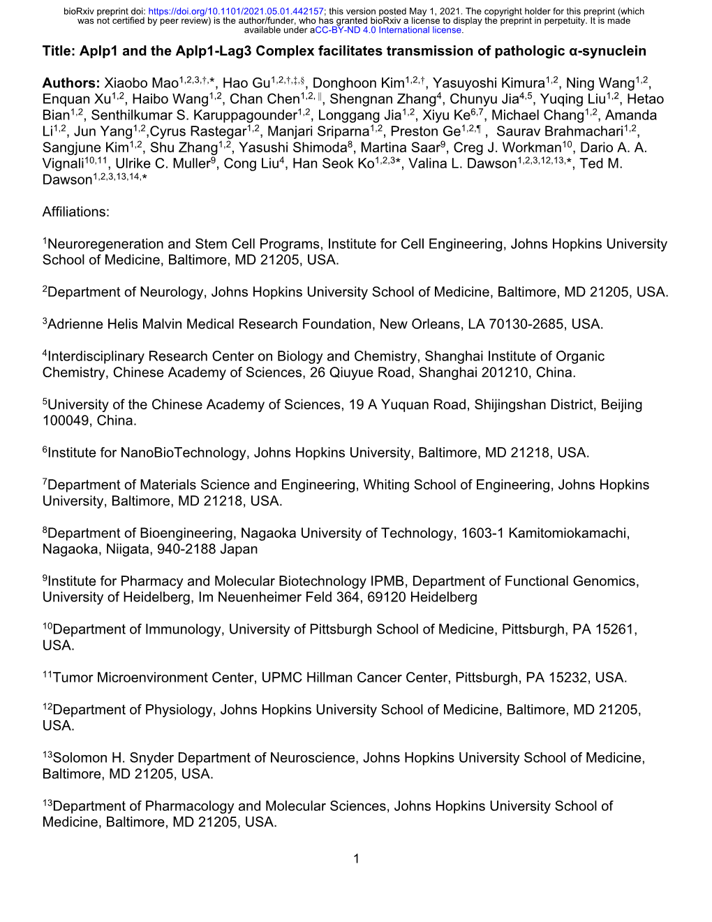 Title: Aplp1 and the Aplp1-Lag3 Complex Facilitates Transmission of Pathologic Α-Synuclein