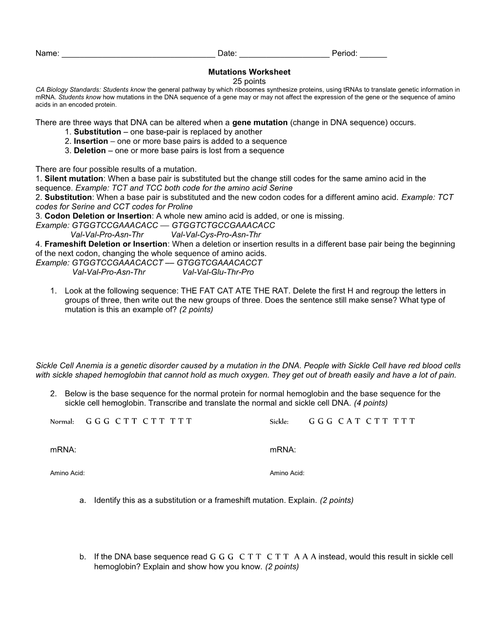 Mutations Worksheet