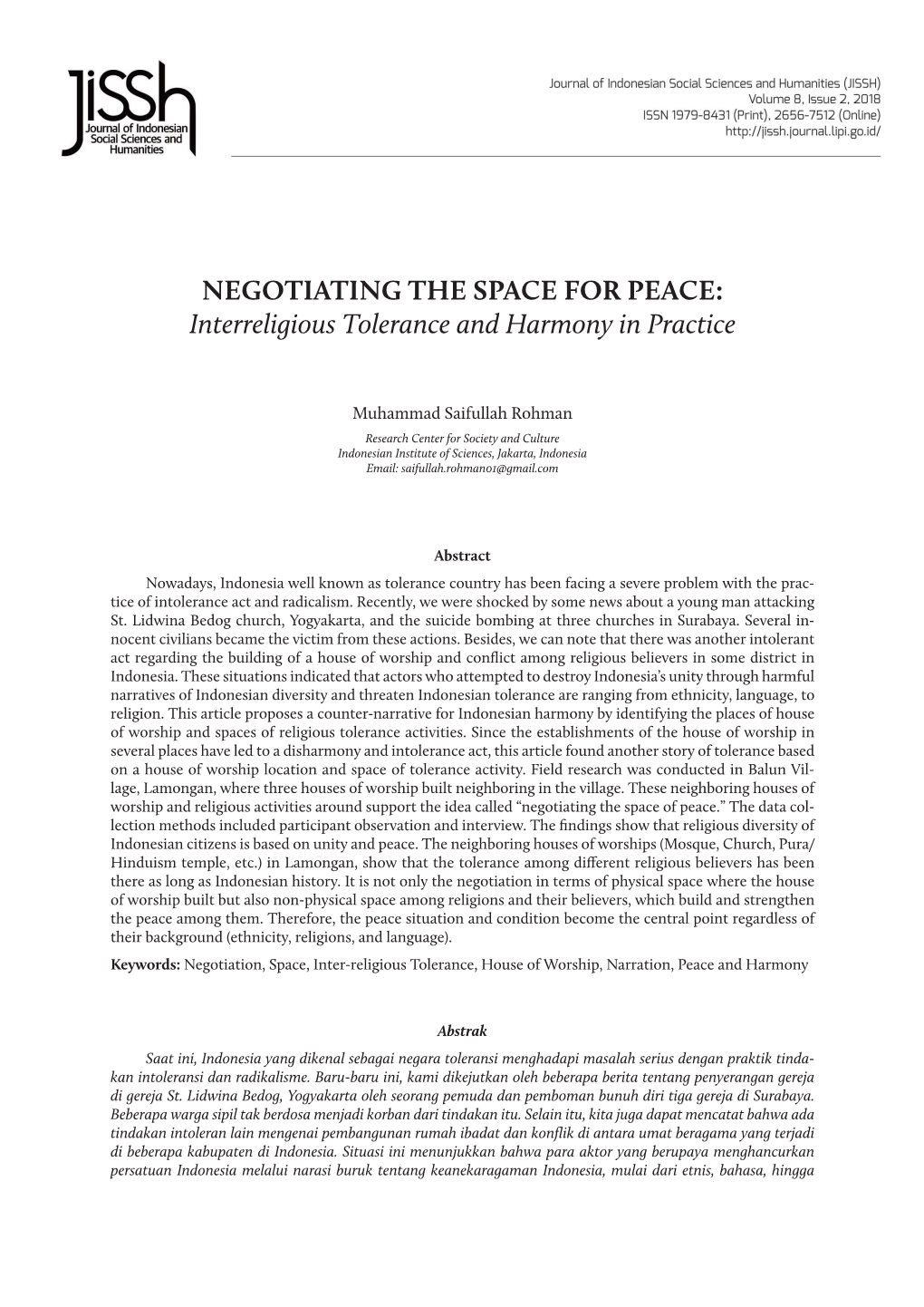 NEGOTIATING the SPACE for PEACE: Interreligious Tolerance and Harmony in Practice