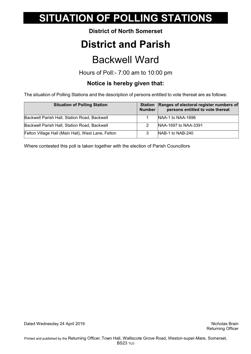 SITUATION of POLLING STATIONS District and Parish Backwell Ward