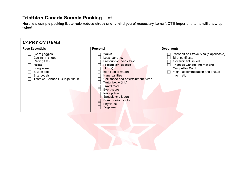 Triathlon Canada Sample Packing List Here Is a Sample Packing List to Help Reduce Stress and Remind You of Necessary Items NOTE Important Items Will Show up Twice!