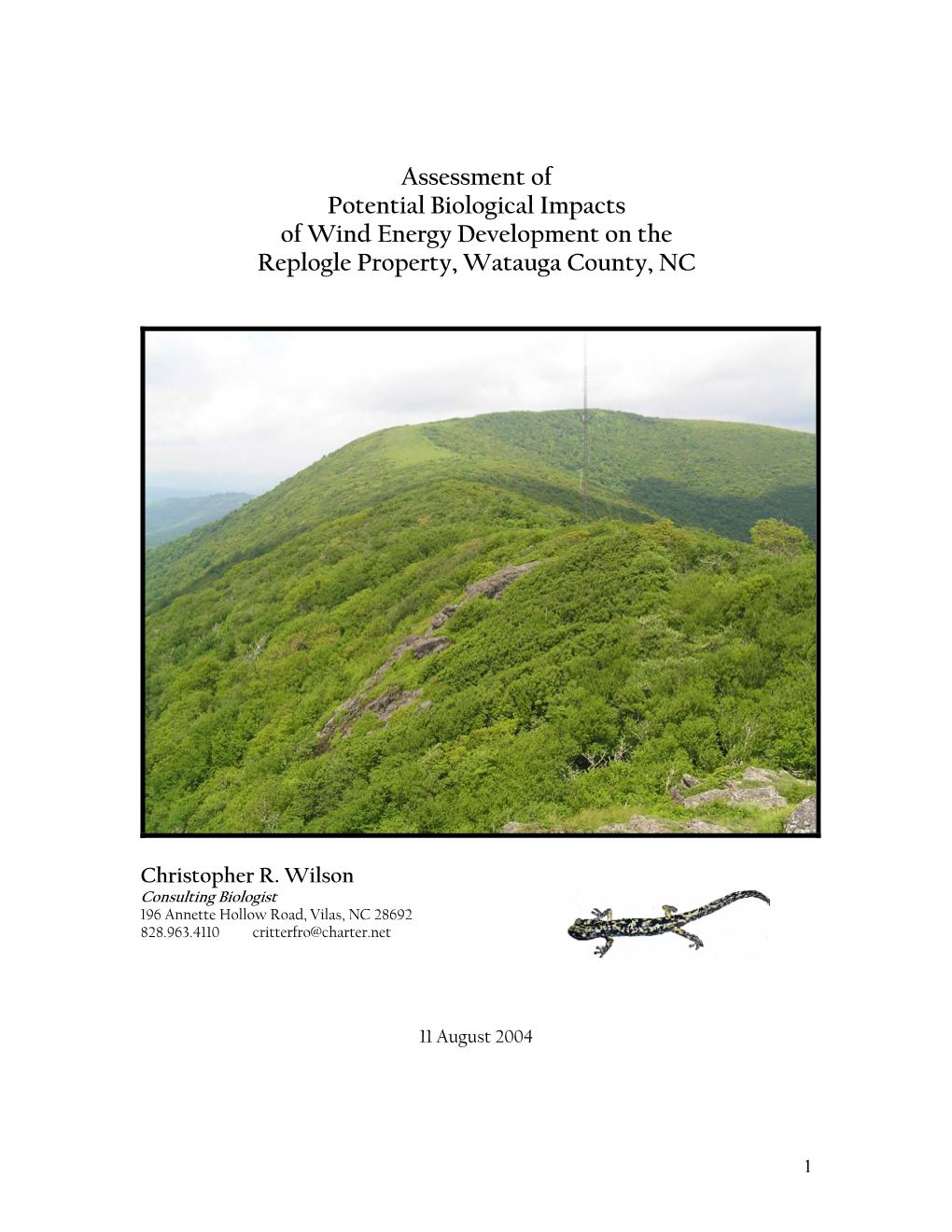 Assessment of Potential Biological Impacts of Wind Energy Development on the Replogle Property, Watauga County, NC
