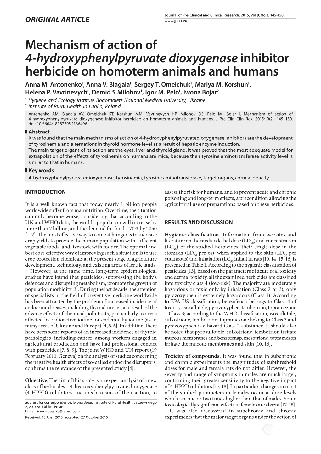Mechanism of Action of 4-Hydroxyphenylpyruvate Dioxygenase Inhibitor Herbicide on Homoterm Animals and Humans