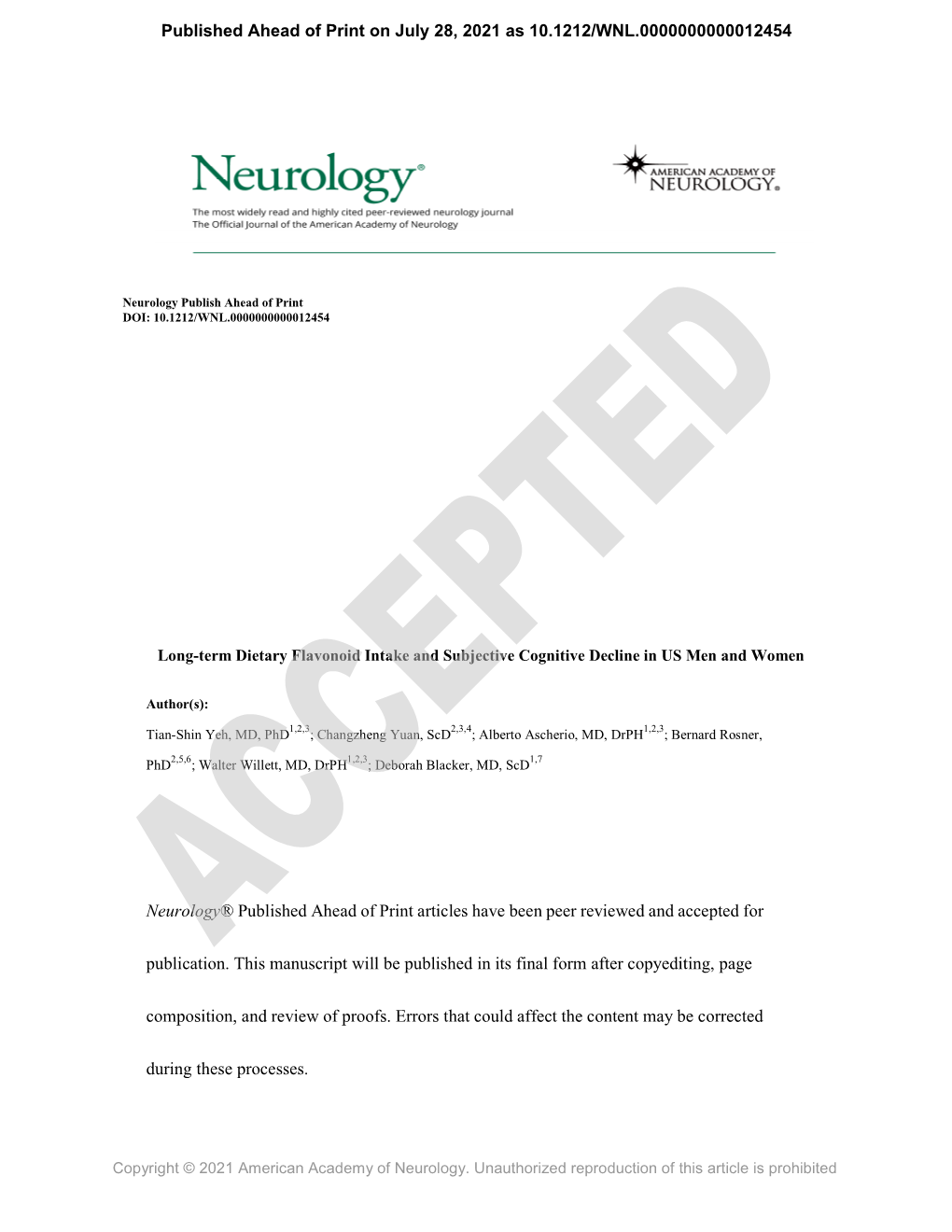 Long-Term Dietary Flavonoid Intake and Subjective Cognitive Decline in US Men and Women