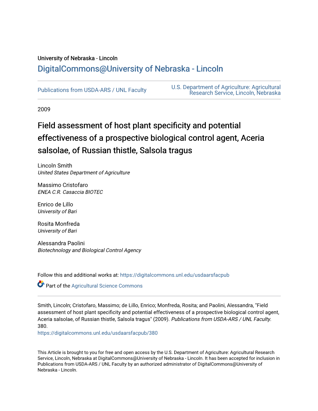 Field Assessment of Host Plant Specificity and Potential Effectiveness of a Prospective Biological Control Agent, Aceria Salsolae, of Russian Thistle, Salsola Tragus