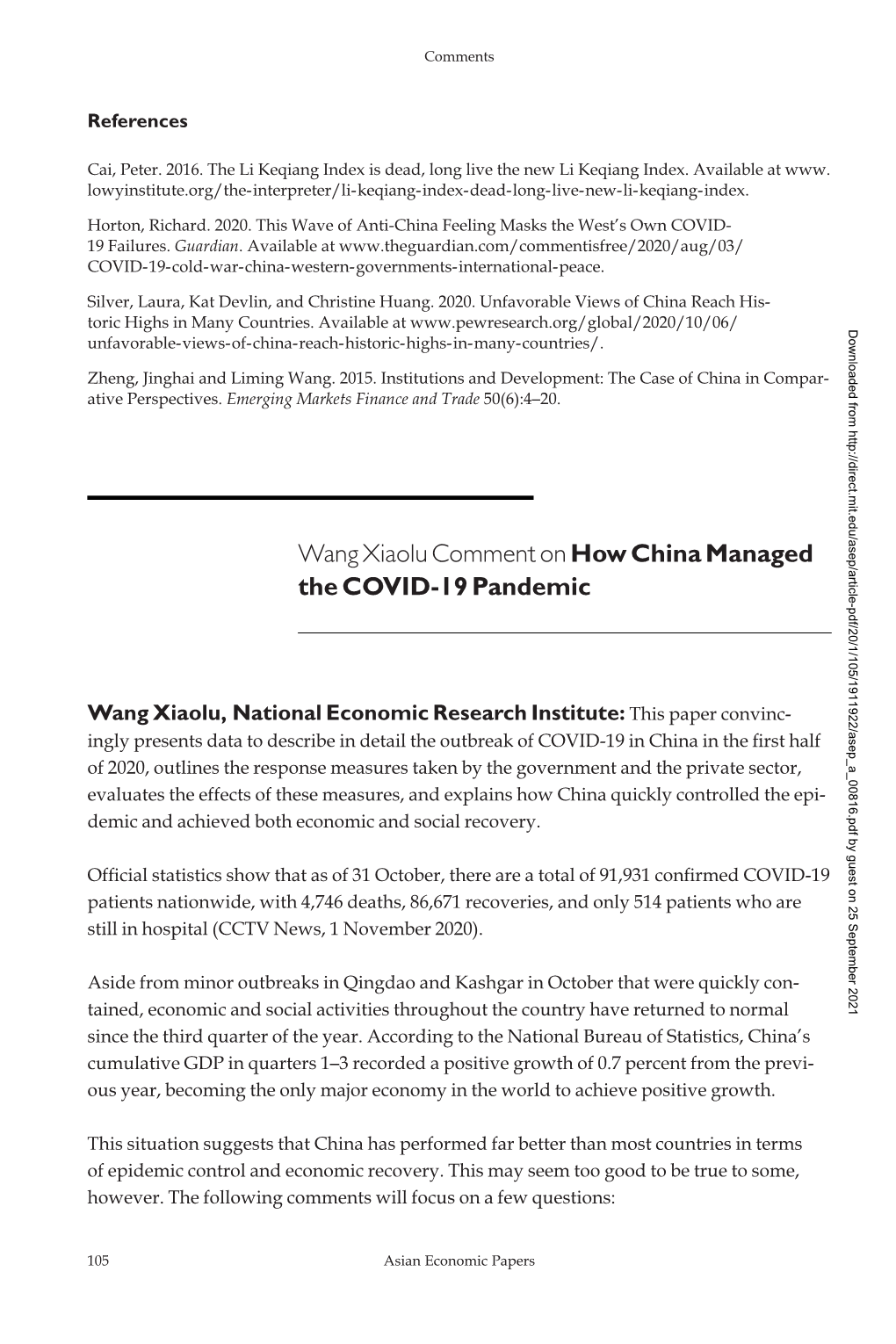 Wang Xiaolu Comment Onhow China Managed the COVID-19 Pandemic