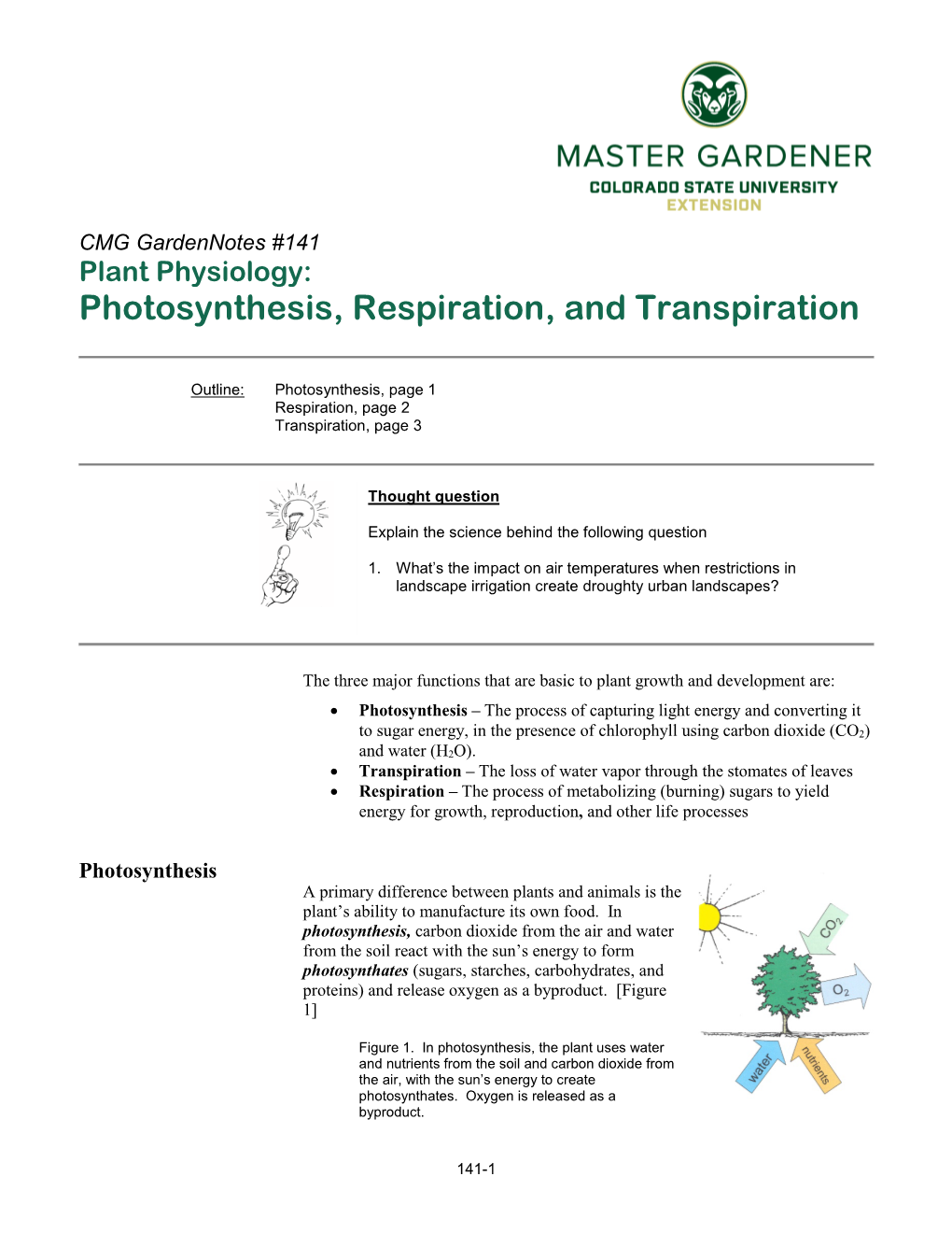 Photosynthesis, Respiration and Transpiration