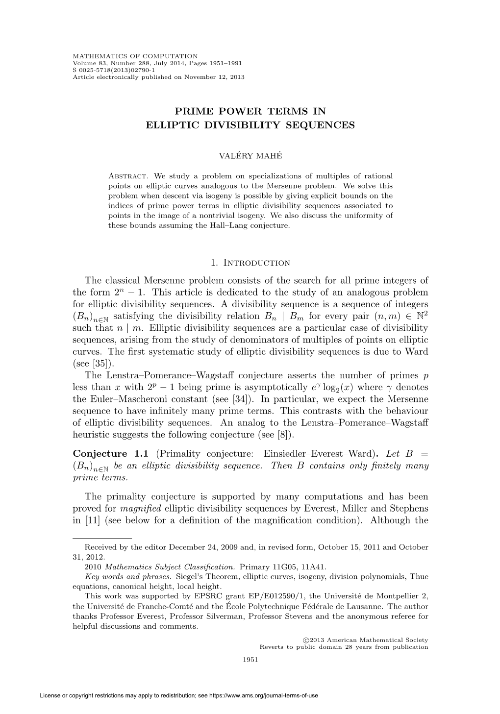 Prime Power Terms in Elliptic Divisibility Sequences