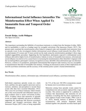 Informational Social Influence Intensifies the Misinformation Effect When Applied to Volume 32, No