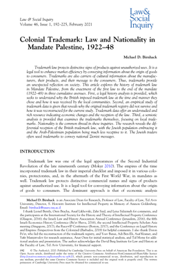 Colonial Trademark: Law and Nationality in Mandate Palestine, 1922–48