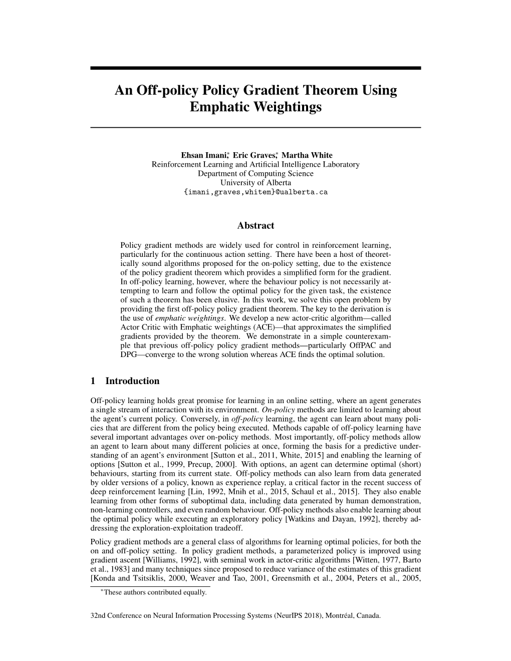 An Off-Policy Policy Gradient Theorem Using Emphatic Weightings