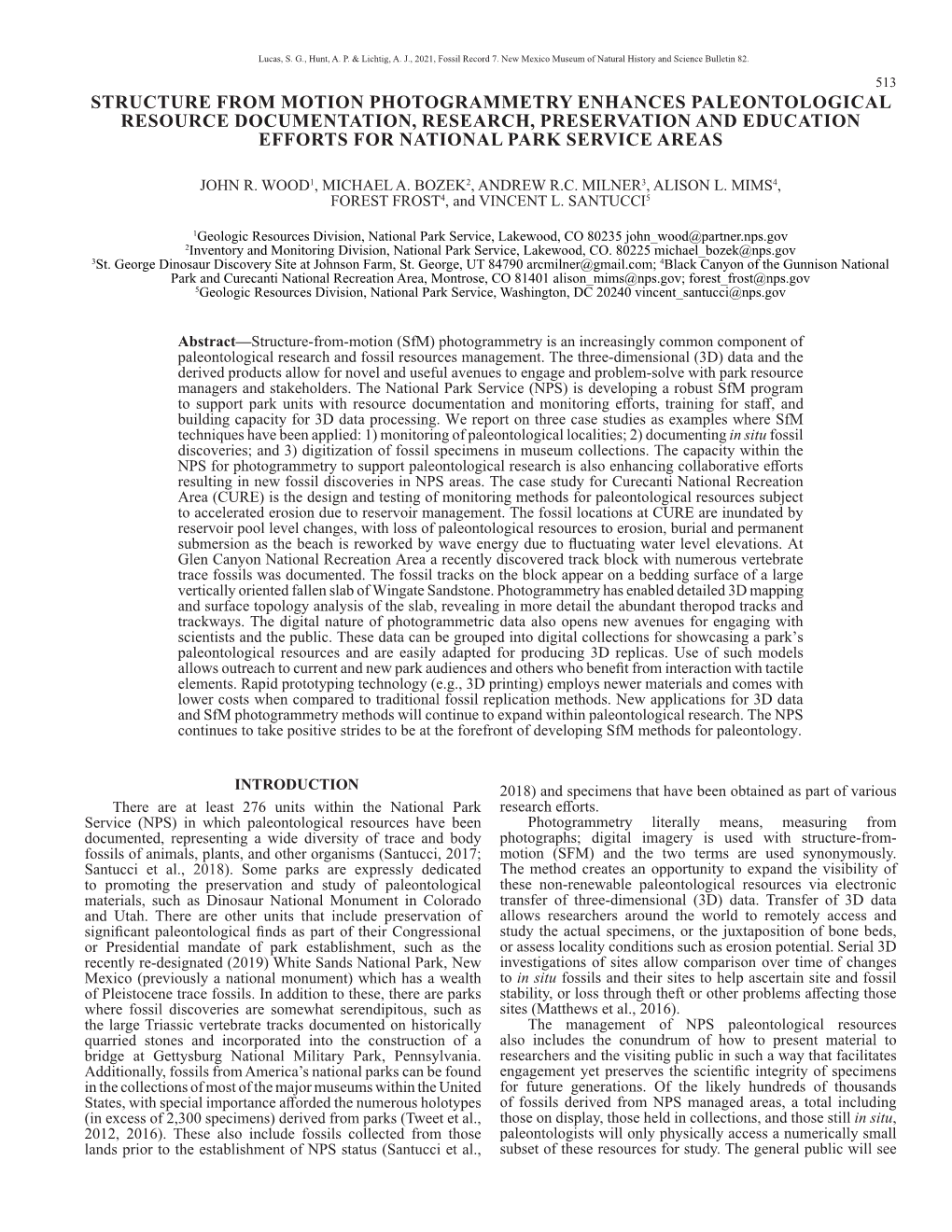 Structure from Motion Photogrammetry Enhances Paleontological Resource Documentation, Research, Preservation and Education Efforts for National Park Service Areas