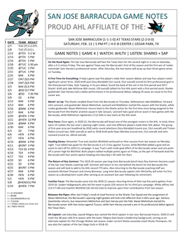 San Jose Barracuda Game Notes Proud Ahl Affiliate Of