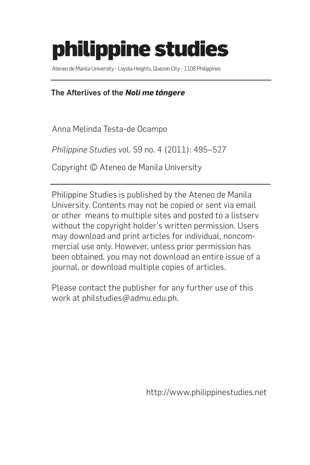 Philippine Studies Ateneo De Manila University • Loyola Heights, Quezon City • 1108 Philippines