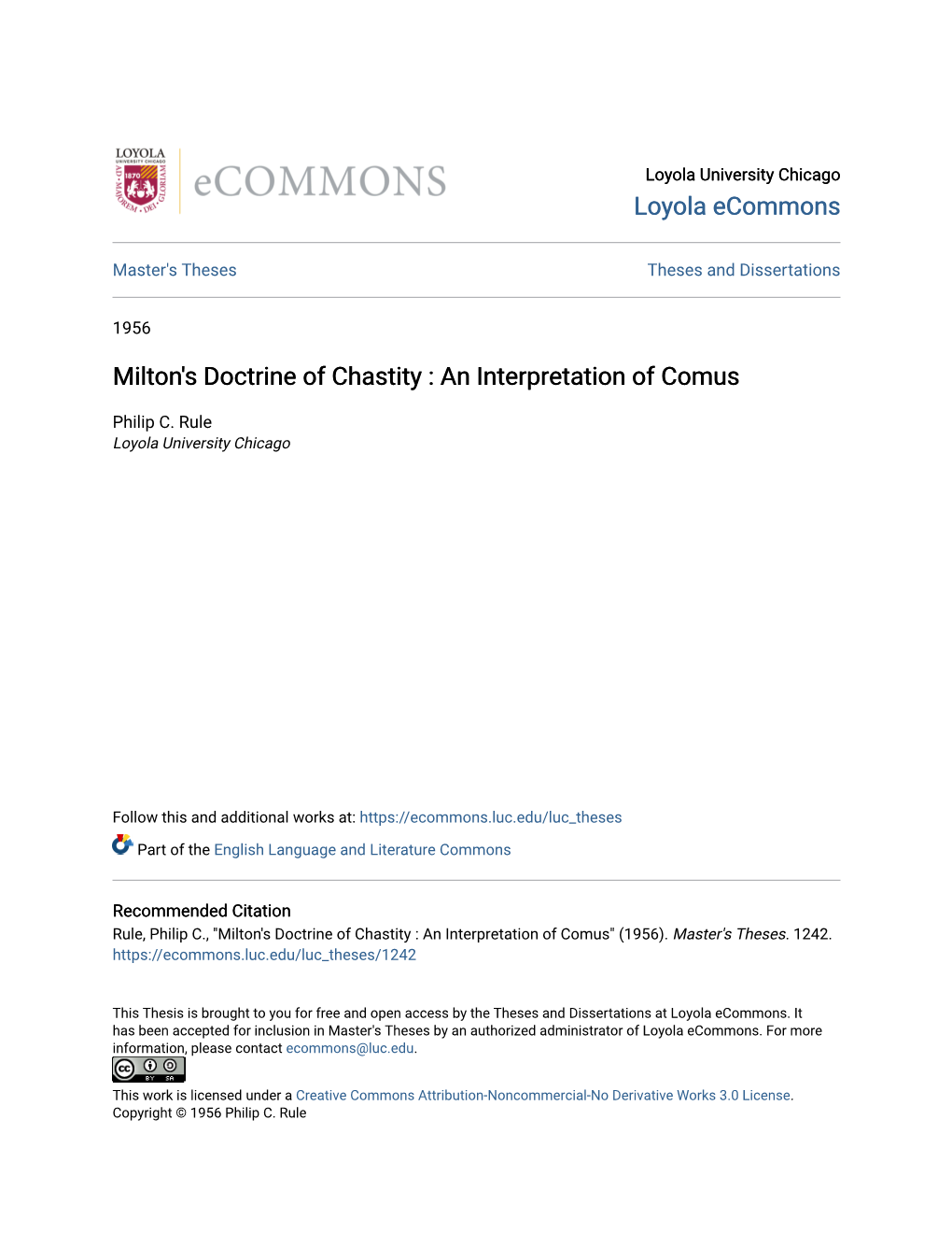 Milton's Doctrine of Chastity : an Interpretation of Comus