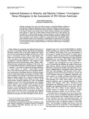 Achieved Eminence in Minority and Majority Cultures: Convergence Versus Divergence in the Assessments of 294 African Americans