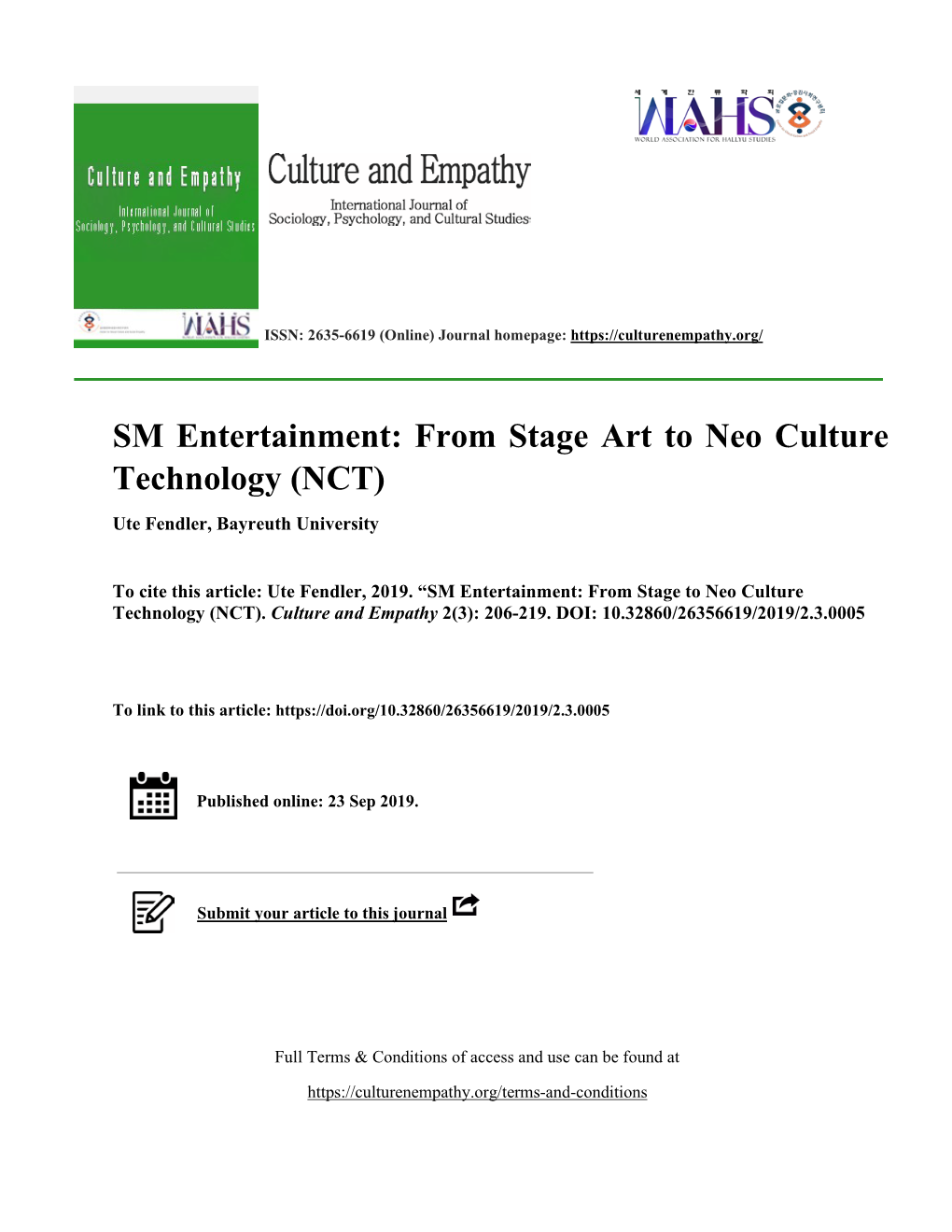 SM Entertainment: from Stage Art to Neo Culture Technology (NCT) Ute Fendler, Bayreuth University