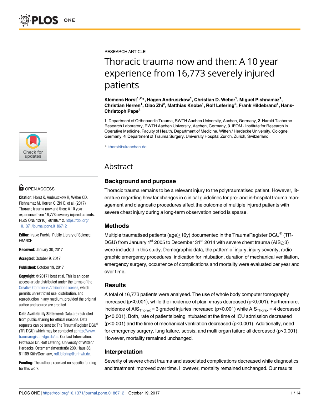 Thoracic Trauma Now and Then: a 10 Year Experience from 16,773 Severely Injured Patients
